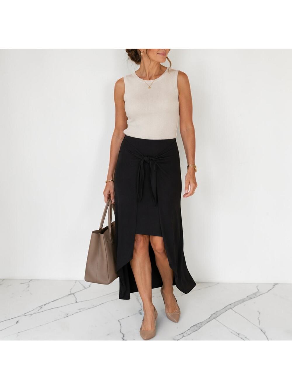 Lauren Ralph Lauren Black Tie Front Draped Skirt L High Low Hem Jersey Stretch